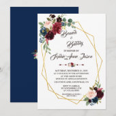 Invitation Merlot Navy Blue Floral Gold Frame Fête des mariée (Devant / Derrière)