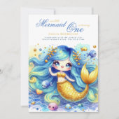 Invitation Mermaid 1er anniversaire ou EDIT AGE Or TurquoiseB (Devant)
