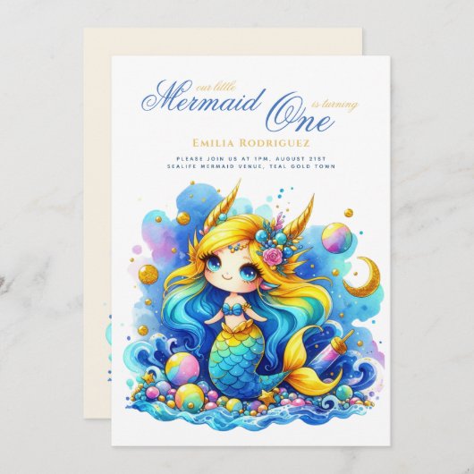 Invitation Mermaid 1er anniversaire ou EDIT AGE Or TurquoiseB (Devant / Derrière)