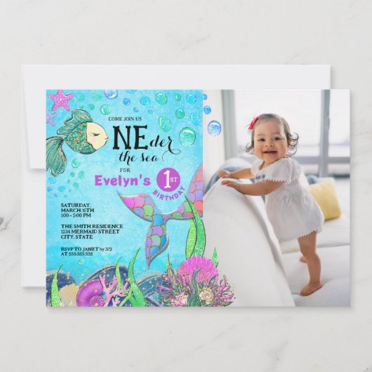 Invitation Mermaid 1er Anniversaire Photo (Devant)