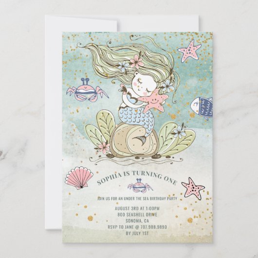 Invitation Mermaid 1er fête d'anniversaire (Devant)