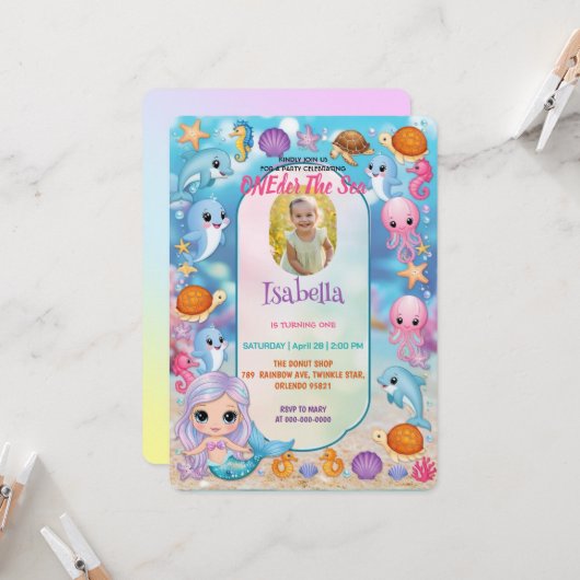 Invitation Mermaid 1ère fête Photo sous la mer anniversaire (Devant/Arrière en situation)