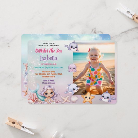 Invitation Mermaid 1ère photo sous la mer anniversaire (Devant/Arrière en situation)