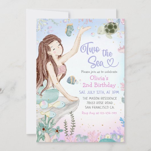 Invitation Mermaid 2e anniversaire Deux La fête de la mer (Devant)
