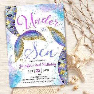 Invitation Mermaid 2e anniversaire fille rose or sous la mer