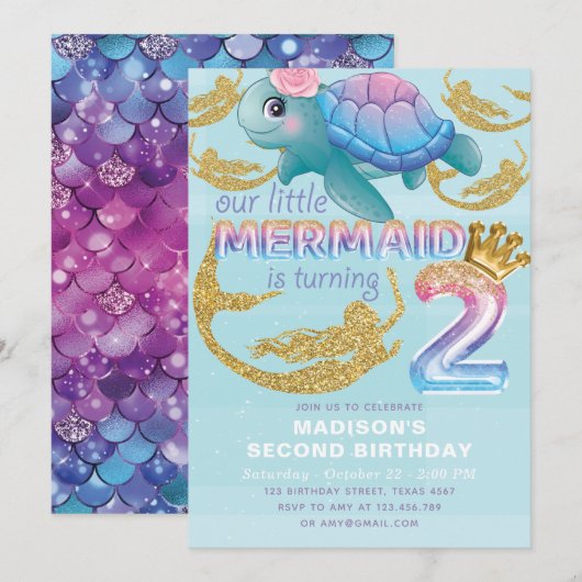 Invitation Mermaid 2e anniversaire Pink Blue Gold Parties sci (Devant / Derrière)