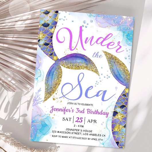 Invitation Mermaid 3e anniversaire fille rose or sous la mer