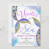 Invitation Mermaid 3e anniversaire fille rose or sous la mer (Devant)