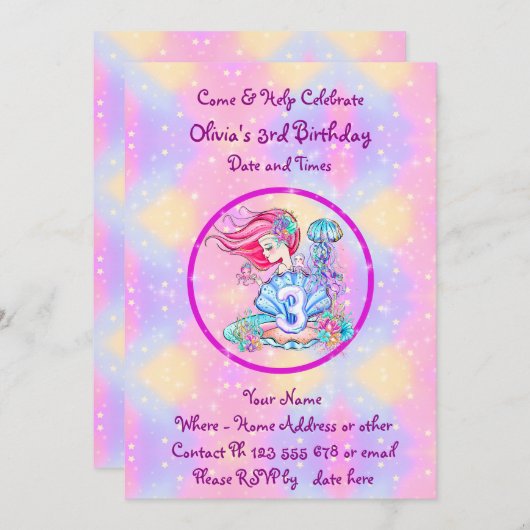 Invitation Mermaid 3e anniversaire Modifier Modifier Modifier (Devant / Derrière)
