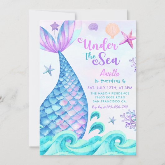 Invitation Mermaid 3e anniversaire sous la fête de la mer (Devant)
