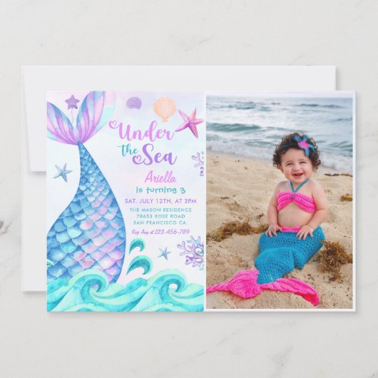 Invitation Mermaid 3e anniversaire sous la mer Photo (Devant)