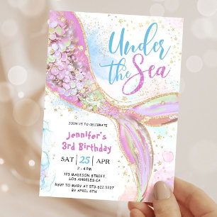 Invitation Mermaid 3ème anniversaire fête rose sous la mer