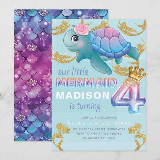 Invitation Mermaid 4e anniversaire Pink Blue Gold Parties sci (Devant / Derrière)