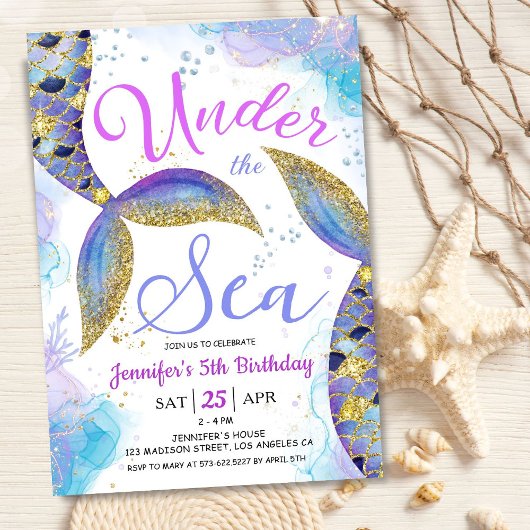 Invitation Mermaid 5e anniversaire fille sous la mer
