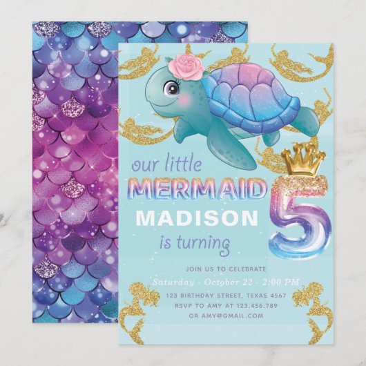 Invitation Mermaid 5e anniversaire Pink Blue Gold Parties sci (Devant / Derrière)