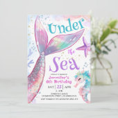 Invitation Mermaid 6e anniversaire sous la mer rose violet (Debout devant)