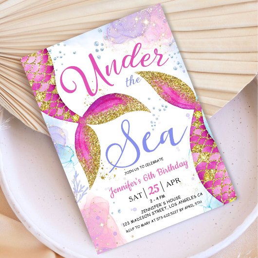 Invitation Mermaid 6e fête d'anniversaire Fille rose sous la