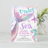 Invitation Mermaid 7e anniversaire sous la mer rose violet (Debout devant)