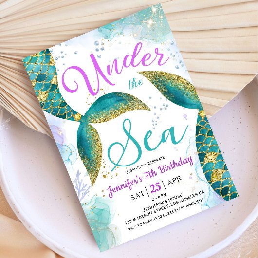 Invitation Mermaid 7e anniversaire violet Turquoise sous la m