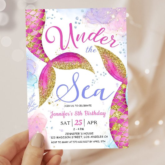 Invitation Mermaid 8e anniversaire fête Fille rose sous la me