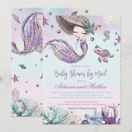 Invitation Mermaid Baby shower par Mail Long Distance Virtual (Devant / Derrière)