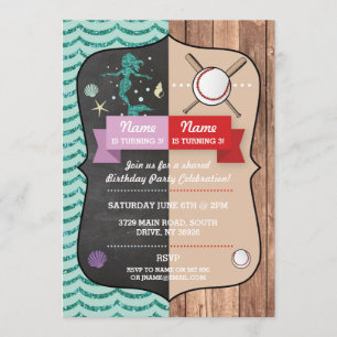 Invitation Mermaid & Baseball Joint Boy Girl Anniversaire Inv