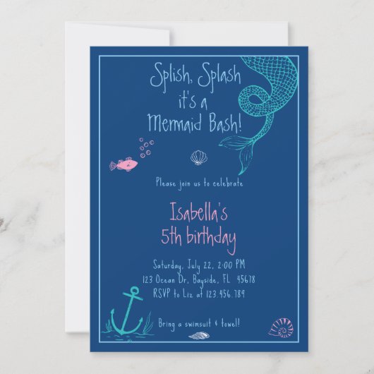Invitation Mermaid Bash Splish Splash Pool Fête Anniversaire (Devant)