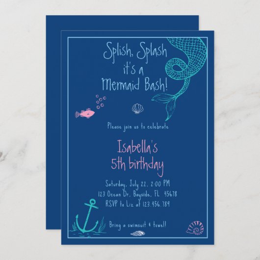 Invitation Mermaid Bash Splish Splash Pool Fête Anniversaire (Devant / Derrière)