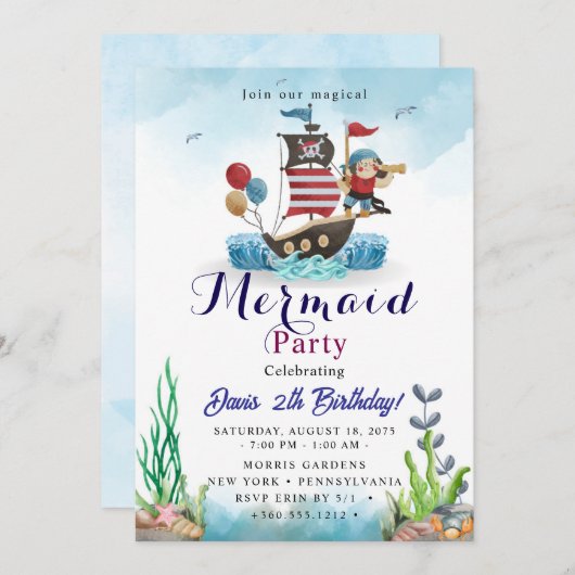 Invitation Mermaid Birthday Bash (Devant / Derrière)