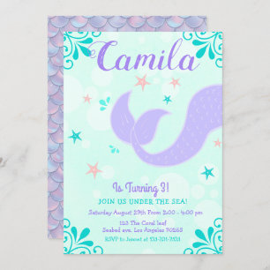 Invitation Mermaid Birthday Under the Sea Purple Turquoise