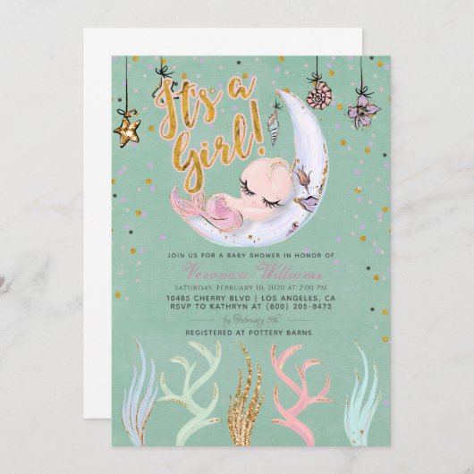 Invitation Mermaid C'est un Baby shower de fille (Devant / Derrière)