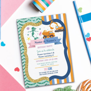 Invitation Mermaid & Construction Joint Boy Girl Anniversaire