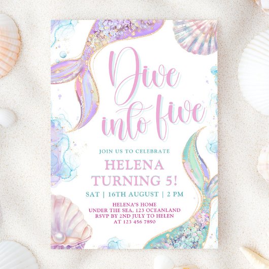 Invitation Mermaid Dive en cinq fille de 5e anniversaire
