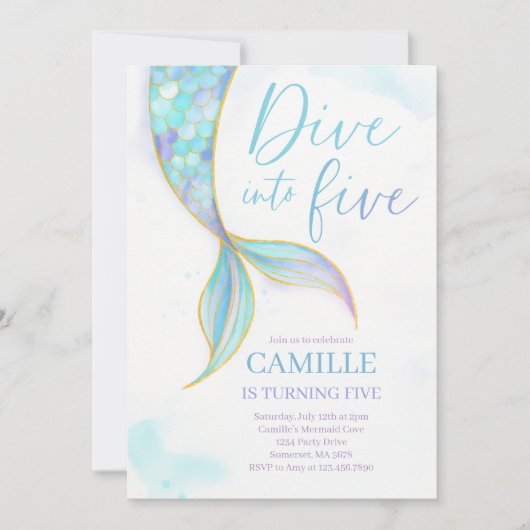 Invitation Mermaid Dive into Five 5th Birday Party (Devant)