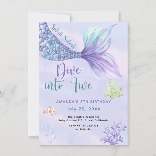 Invitation Mermaid Dive into Five 5th Birday Party (Devant)