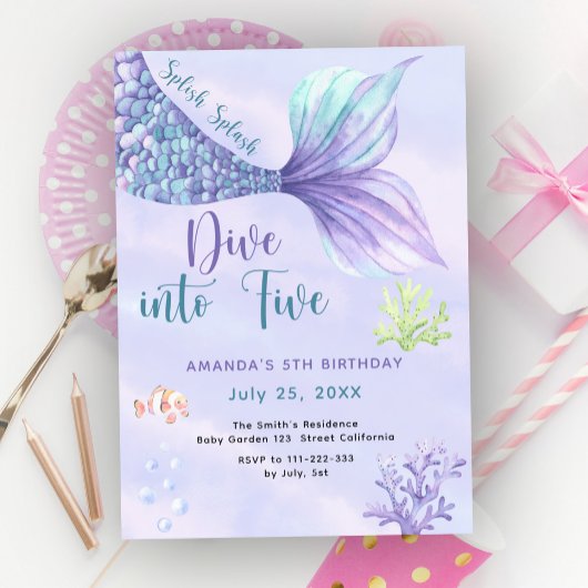 Invitation Mermaid Dive into Five 5th Birday Party