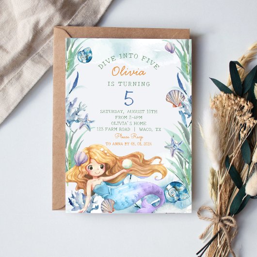 Invitation Mermaid Dive into Five 5th Birday Party