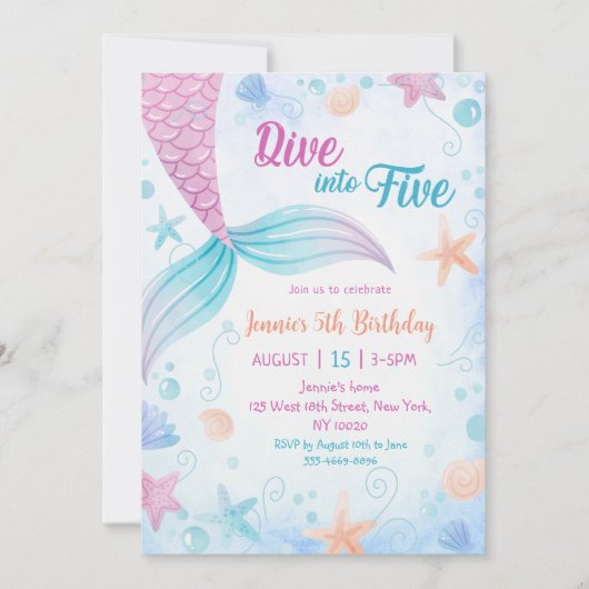 Invitation Mermaid Dive into Five 5th Birday Party (Devant)