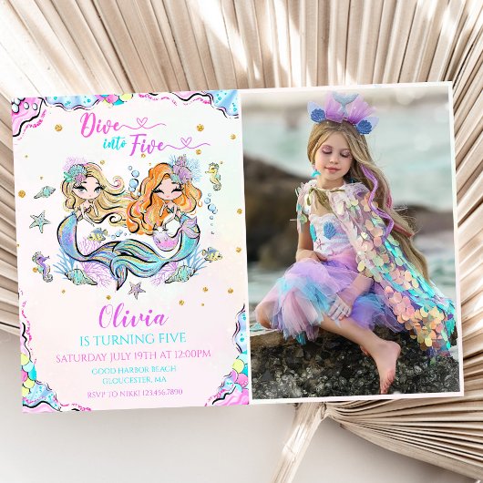 Invitation Mermaid Dive into Five 5th Birday Party Photo