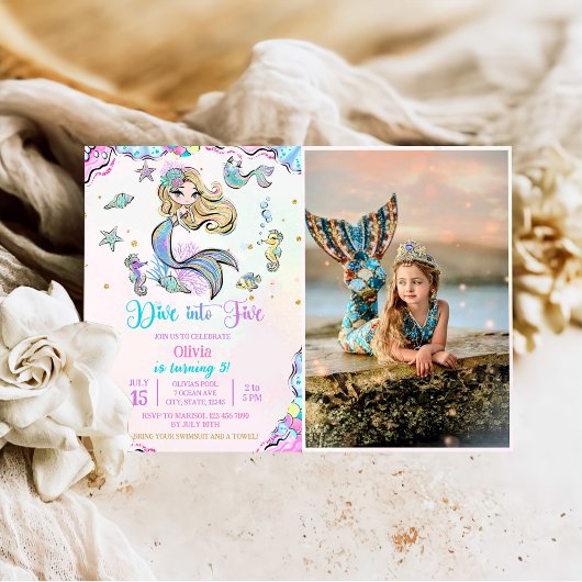 Invitation Mermaid Dive into Five 5th Birday Party Photo