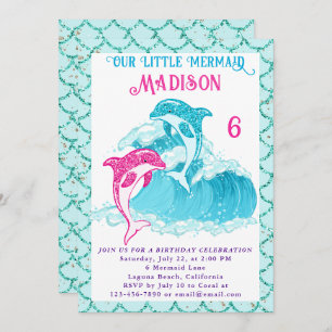 Invitation Mermaid Dolphin Bleu Mer Océan Aqua fête d'anniver