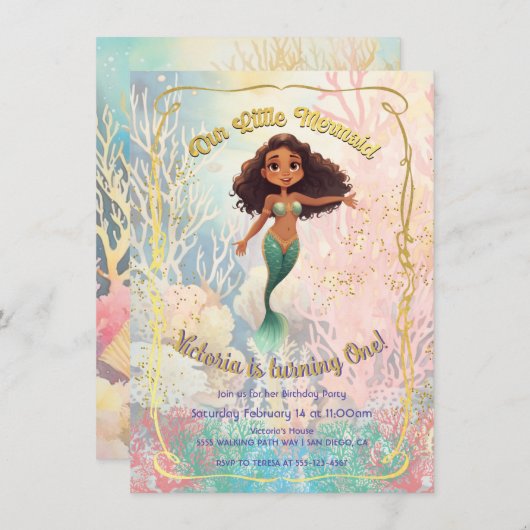 Invitation Mermaid d'or fête de vendredi sous la mer (Devant / Derrière)