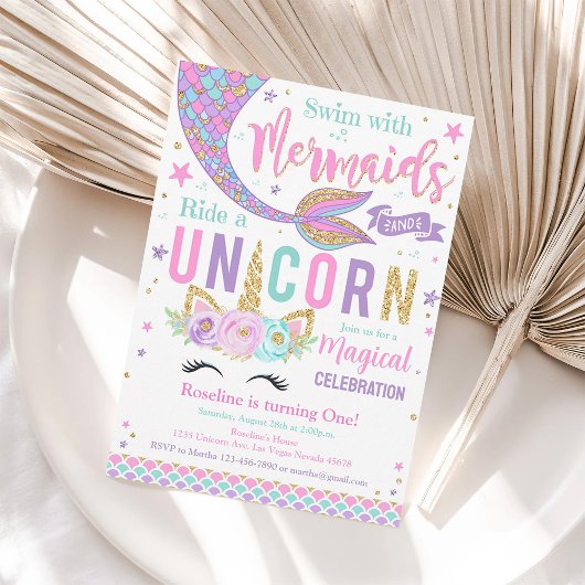 Invitation Mermaid Et Unicorn Anniversaire Magique