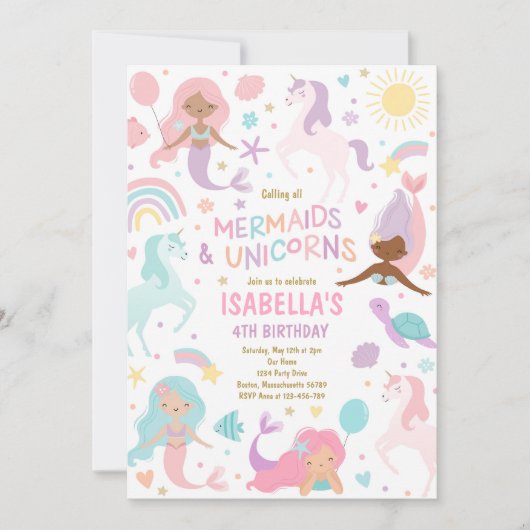 Invitation Mermaid Et Unicorn Fête Magique Anniversaire (Devant)