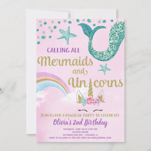 Invitation Mermaid et Unicorne or rose turquoise anniversaire (Devant)