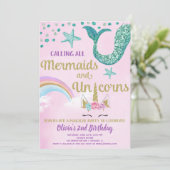 Invitation Mermaid et Unicorne or rose turquoise anniversaire (Debout devant)