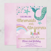 Invitation Mermaid et Unicorne or rose turquoise anniversaire (Devant / Derrière)