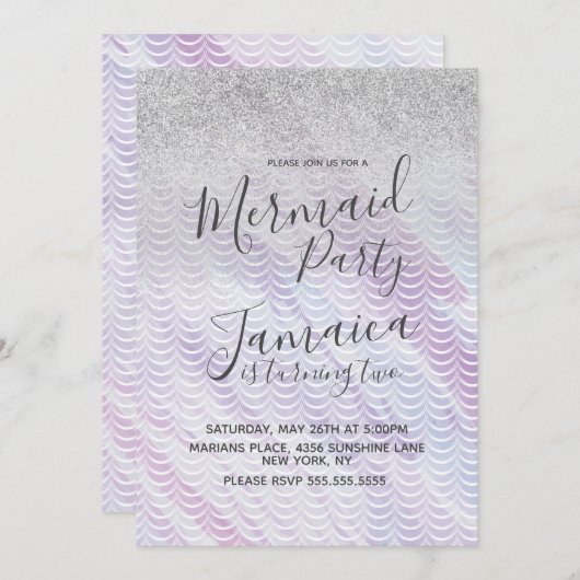 Invitation Mermaid Faux Parties scintillant échelles violet A (Devant / Derrière)