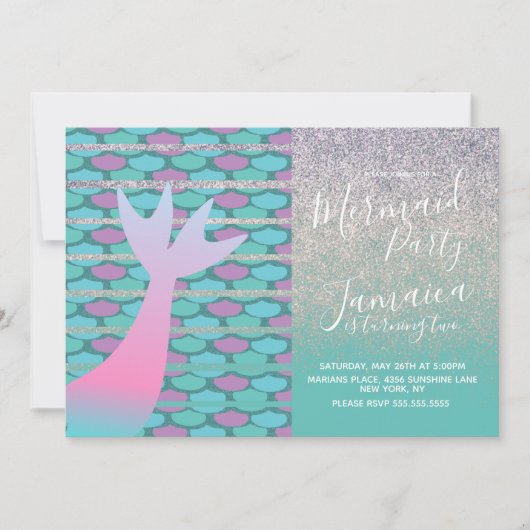 Invitation Mermaid Faux Sparkles Violet Anniversaire (Devant)