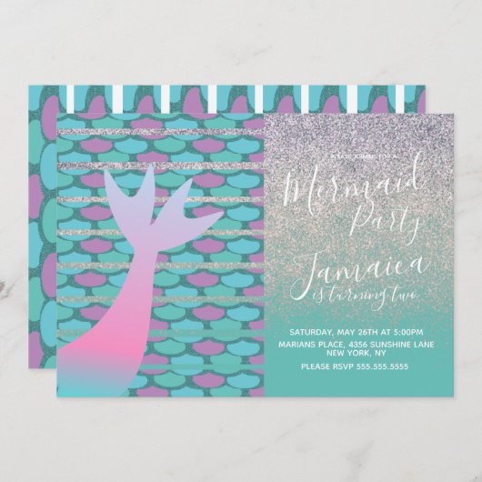 Invitation Mermaid Faux Sparkles Violet Anniversaire (Devant / Derrière)